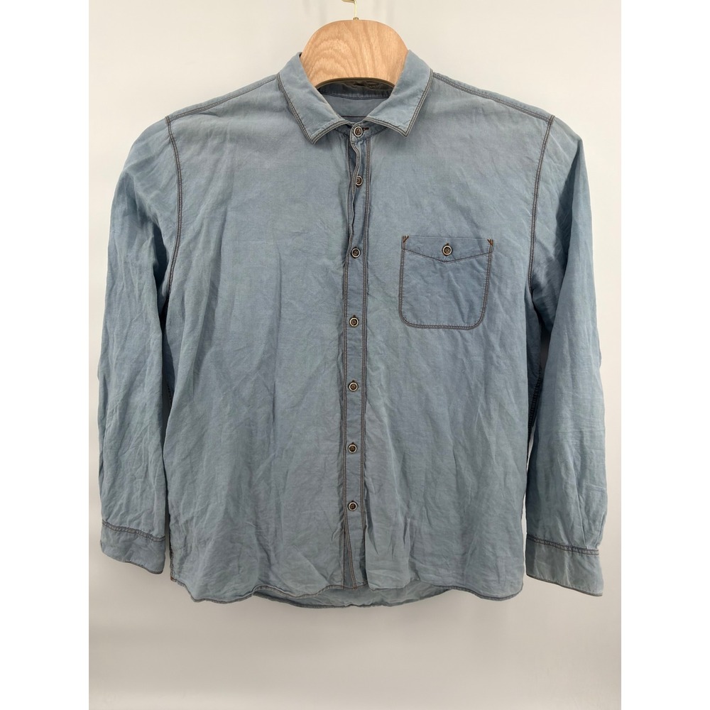 32 Bar Blues Shirt Mens XL Blue Linen Cotton Long‎ Sleeve Button Up Casual Wash